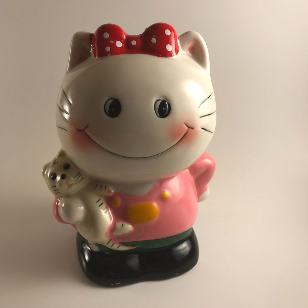 Vintage Girl with Cat Ceramic Coin Bank Hand Painted